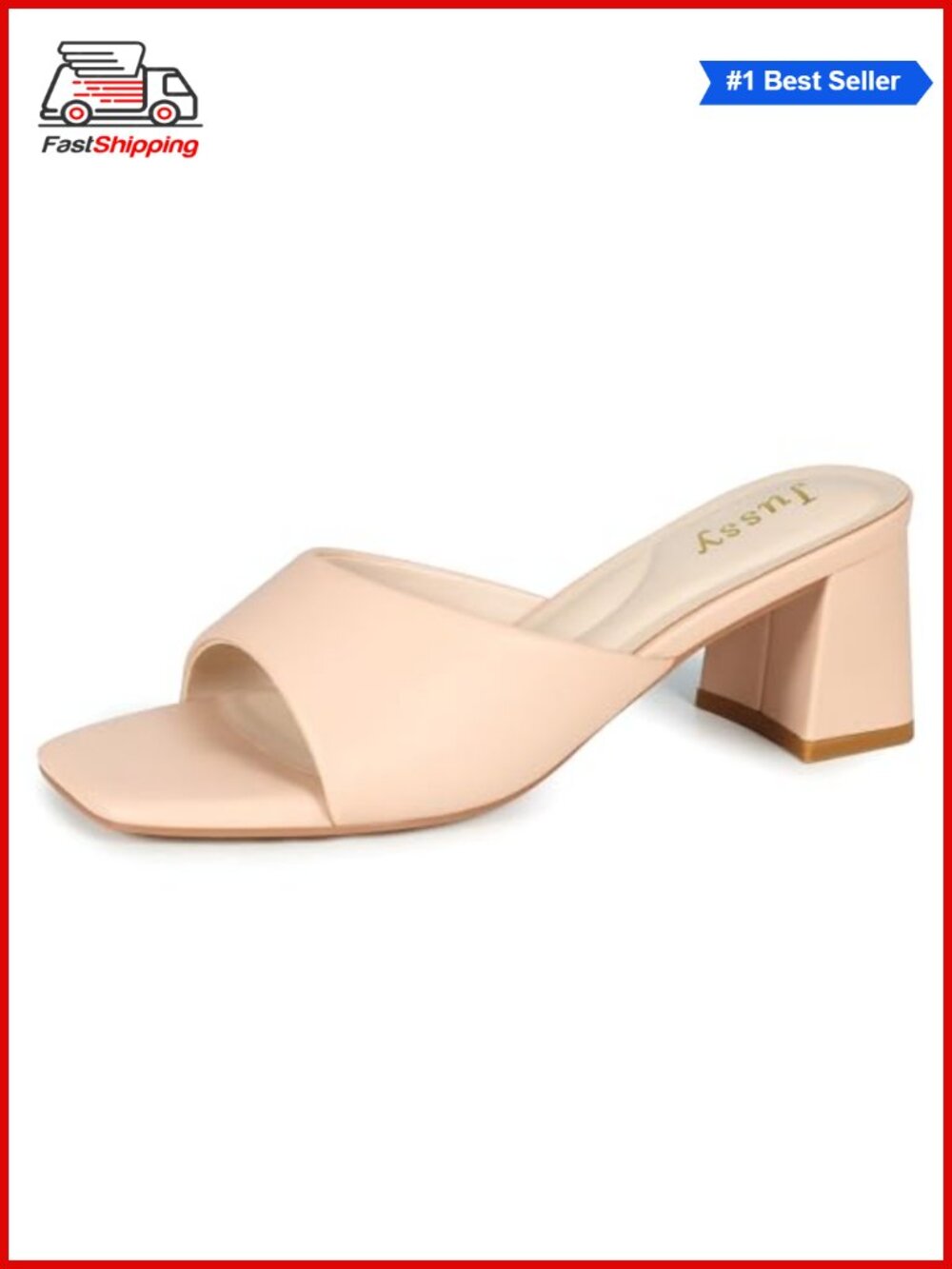 Women's Chunky Block Heel Mule Sandals Square Toe Slip On Leather